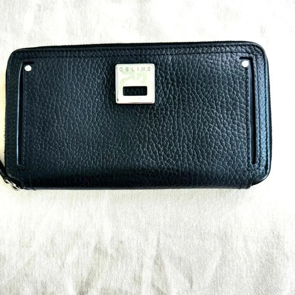 Authentic CELINE Long Zippy Wallet Logo Front Plate Pebble Black Leather EUC - Picture 1 of 13